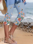 Women's Floral Capris Elastic Waist Pant Casual Summer Trousers