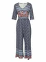 Women's 3D Printing V Neck Half Sleeve Vintage Summer Jumpsuit