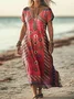 Women's Geometric Short Sleeve Summer Printing Dress V Neck Daily Casual Maxi T-Shirt Dress H-Line Dress