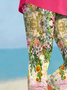 Women's Floral Capris Elastic Waist Pant Casual Summer Trousers