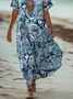 Women Paisley Short Sleeve Summer Dress V Neck Daily Vintage Maxi A-Line Dress