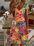 Women's Floral Short Sleeve Summer Printing Dress V Neck Daily Casual Knee Length T-Shirt Dress H-Line Dress