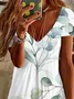 Women's Floral Short Sleeve Summer Printing Dress V Neck Daily Casual Knee Length T-Shirt Dress H-Line Dress
