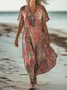Women's Floral Short Sleeve Summer Printing Dress V Neck Daily Casual Maxi T-Shirt Dress H-Line Dress
