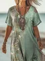 Women's Floral Short Sleeve Summer Printing Dress V Neck Daily Casual Maxi T-Shirt Dress H-Line Dress