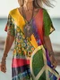 Women's Hippie Short Sleeve Summer Printing Dress V Neck Daily Casual Maxi T-Shirt Dress H-Line Dress