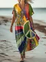 Women's Hippie Short Sleeve Summer Printing Dress V Neck Daily Casual Maxi T-Shirt Dress H-Line Dress