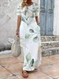 Women's Floral Short Sleeve Summer Printing Dress V Neck Daily Casual Maxi T-Shirt Dress H-Line Dress
