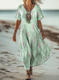 Women Floral Short Sleeve Summer Dress V Neck Daily Vintage Maxi A-Line Dress
