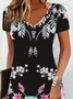 Women's Floral Short Sleeve Summer Printing Dress V Neck Daily Casual Knee Length T-Shirt Dress H-Line Dress