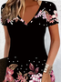 Women's Floral Short Sleeve Summer Printing Dress V Neck Daily Casual Knee Length T-Shirt Dress H-Line Dress