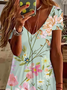 Women's Floral Short Sleeve Summer Printing Dress V Neck Daily Casual Knee Length T-Shirt Dress H-Line Dress