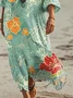 Women Floral Short Sleeve Summer Dress V Neck Daily Vintage Maxi T-Shirt Dress A-Line Dress