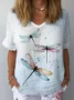 Women Dragonfly Short Sleeve Blouse Summer Crew Neck Daily Casual Top