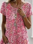 Women Floral Short Sleeve Summer Printing Dress Crew Neck Daily Casual Midi T-Shirt Dress H-Line Dress