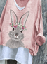 Women Easter (rabbit) Long Sleeve Tee T-shirt V Neck Vintage Spring/Fall Top