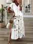 Women Floral Short Sleeve Summer Printing Dress V Neck Daily Casual Maxi X-Line Dress