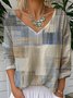 Women Multicolor Block Long Sleeve Tee T-shirt V Neck Casual Spring/Fall Top