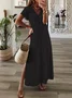 Women Plain Short Sleeve Summer Printing Dress V Neck Daily Casual Maxi X-Line Dress