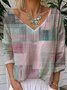 Women Multicolor Block Long Sleeve Tee T-shirt V Neck Casual Spring/Fall Top