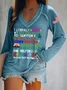 Women Text Letters Long Sleeve Tee T-shirt V Neck Casual Spring/Fall Top
