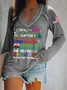 Women Text Letters Long Sleeve Tee T-shirt V Neck Casual Spring/Fall Top