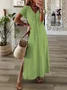 Women Plain Short Sleeve Summer Printing Dress V Neck Daily Casual Maxi X-Line Dress