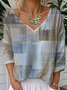 Women Multicolor Block Long Sleeve Tee T-shirt V Neck Casual Spring/Fall Top