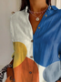 Women Multicolor Block Long Sleeve Shirt Spring/Fall Buckle Shirt Collar Daily Casual Top