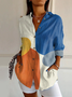 Women Multicolor Block Long Sleeve Shirt Spring/Fall Buckle Shirt Collar Daily Casual Top