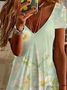 Women Floral Short Sleeve Summer Printing Dress V Neck Daily Casual Midi Fit & Flare Dress A-Line Dress