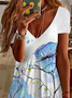 Women Floral Short Sleeve Summer Printing Dress V Neck Daily Casual Midi Fit & Flare Dress A-Line Dress