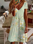 Women Floral Short Sleeve Summer Printing Dress V Neck Daily Casual Midi Fit & Flare Dress A-Line Dress