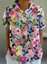 Women Floral Short Sleeve Shirt Summer Printing Shawl Collar Daily Casual Top