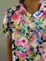 Women Floral Short Sleeve Shirt Summer Printing Shawl Collar Daily Casual Top