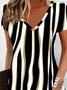 Women Striped Short Sleeve Summer Printing Dress V Neck Daily Casual Midi Fit & Flare Dress A-Line Dress