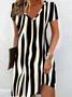 Women Striped Short Sleeve Summer Printing Dress V Neck Daily Casual Midi Fit & Flare Dress A-Line Dress