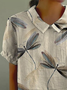Women Dragonfly Short Sleeve Shirt Summer Printing Shawl Collar Daily Casual Top