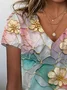 Women Floral Short Sleeve Tee T-shirt V Neck Printing Casual Summer Graphic Tee Top