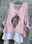 Women Animal Long Sleeve Tee T-shirt V Neck Vintage Spring/Fall Top