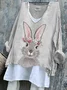 Women Easter (rabbit) Long Sleeve Tee T-shirt V Neck Vintage Spring/Fall Top