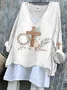Women Easter (rabbit) Long Sleeve Tee T-shirt V Neck Vintage Spring/Fall Top