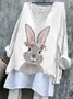 Women Easter (rabbit) Long Sleeve Tee T-shirt V Neck Vintage Spring/Fall Top