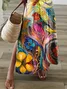 Women Floral Short Sleeve Summer Printing Dress V Neck Daily Casual Maxi T-Shirt Dress X-Line Dress