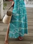 Women Abstract Short Sleeve Summer Printing Dress V Neck Daily Casual Maxi T-Shirt Dress X-Line Dress