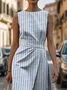 Women Striped Sleeveless Summer Printing Dress Crew Neck Formal Maxi Shift Dress H-Line Dress