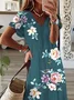 Women Floral Short Sleeve Summer Printing Dress V Neck Daily Casual Maxi T-Shirt Dress X-Line Dress