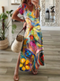 Women Floral Short Sleeve Summer Printing Dress V Neck Daily Casual Maxi T-Shirt Dress X-Line Dress