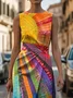 Women Hippie Sleeveless Summer Printing Dress Crew Neck Daily Vintage Maxi Shift Dress H-Line Dress