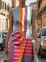 Women Striped Sleeveless Summer Printing Dress Crew Neck Daily Vintage Maxi Shift Dress H-Line Dress
